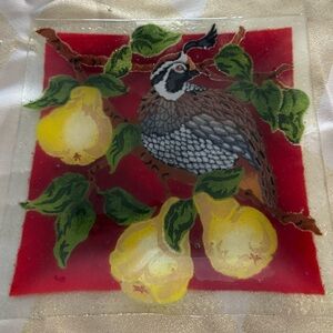 Vintage Peggy Karr Fused Glass Plate | Partridge in Pear Tree Motif